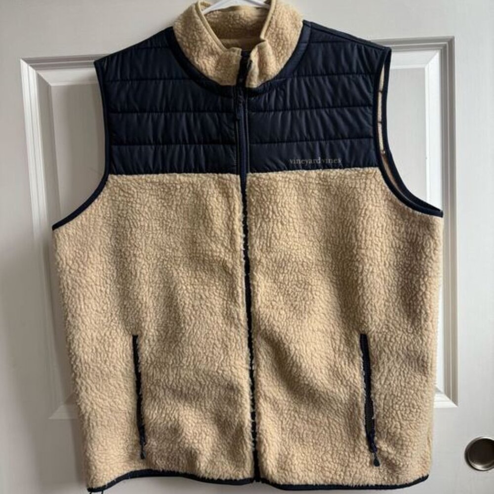 Vineyard Vines Tan Navy Zip Up Sherpa Vest Women Size SXL